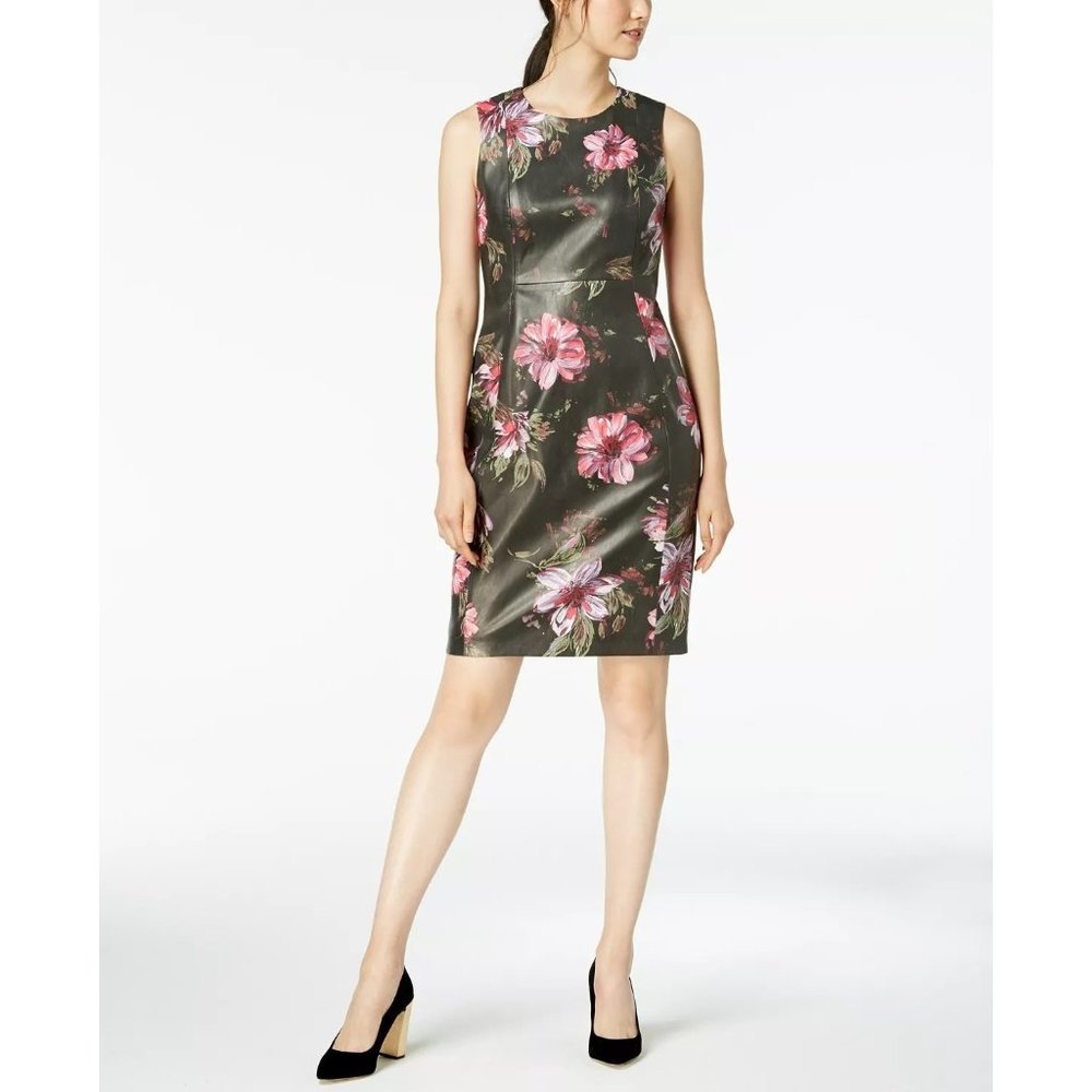 Calvin Klein Women's Floral Charcoal Printed Faux Leather Sheath Dress- Size 8